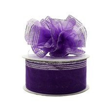1.5 Inch Purple Organza Pull Bow Ribbon With 4 Rows of Silver Stripe Accents, 25 Yards (Lot of 1 Spool) SALE ITEM
